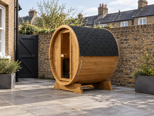 Barrel 160 Outdoor Sauna in a UK home setting