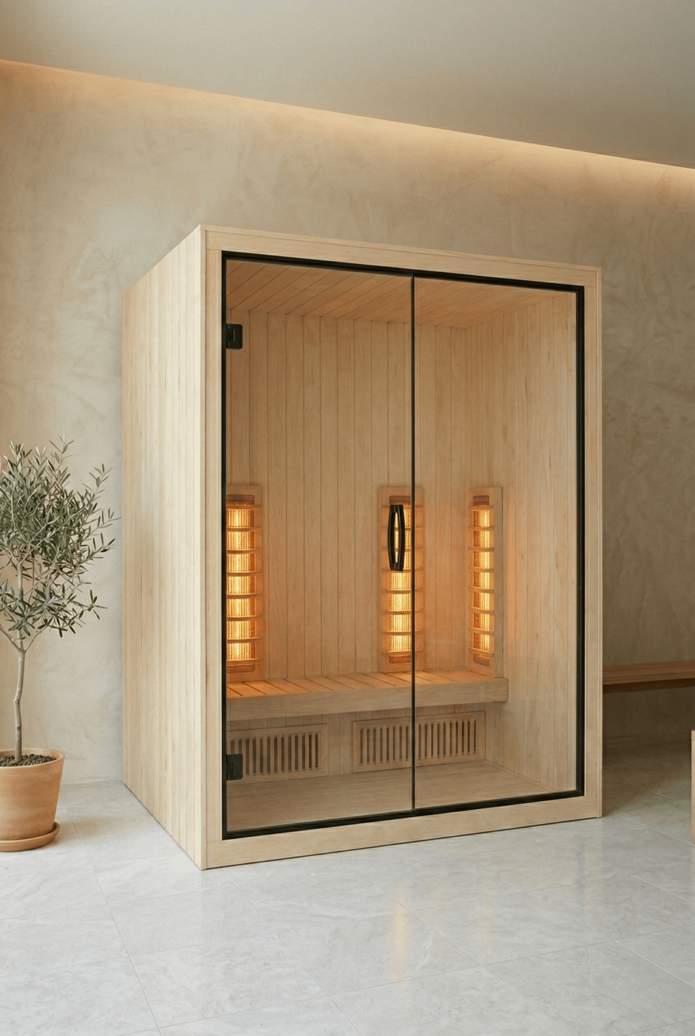 Sauna Infravermelho Aura 150 em cabine de vidro e madeira.