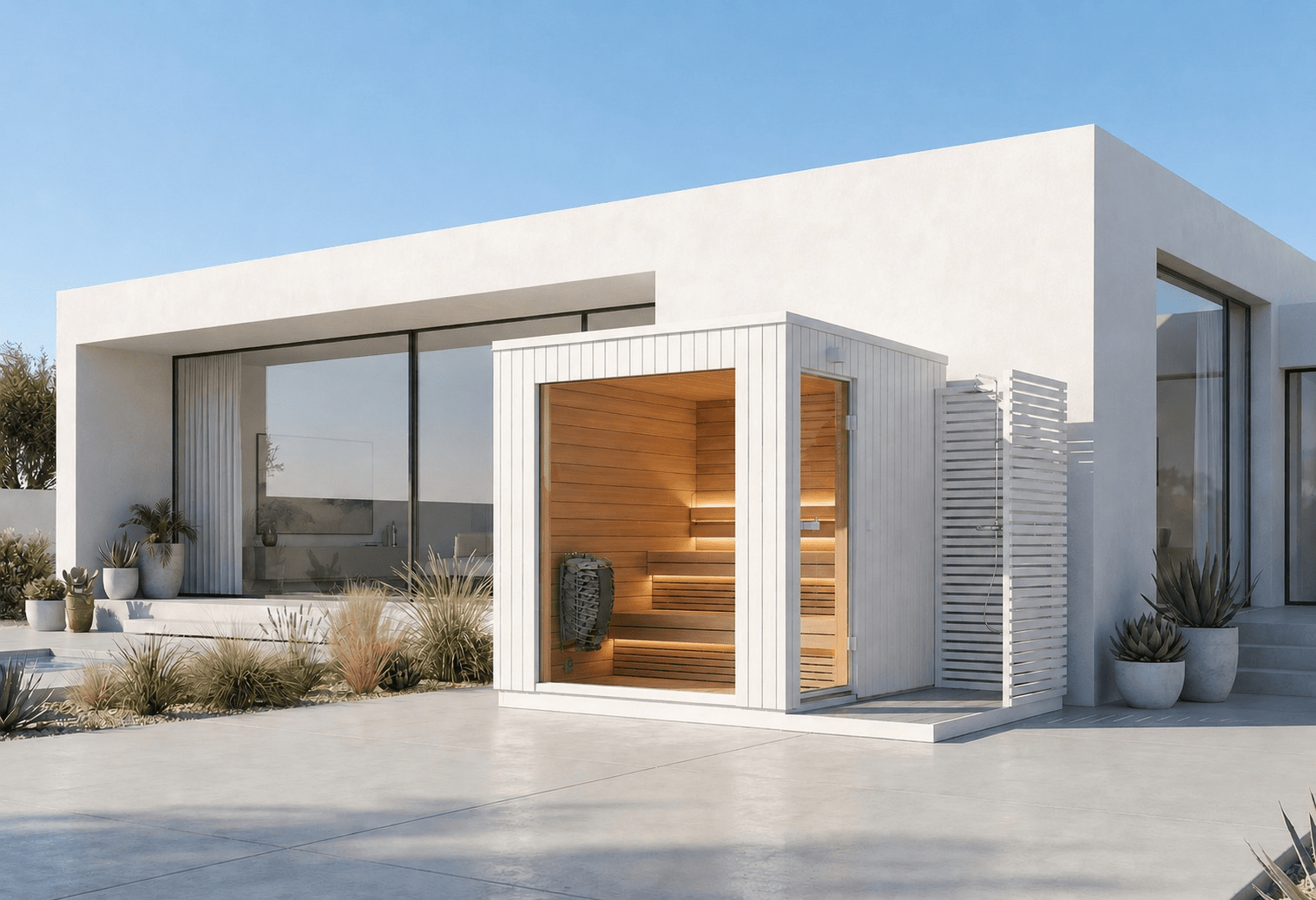 Lumia outdoor sauna with shower module