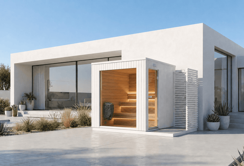 Lumia outdoor sauna with shower module
