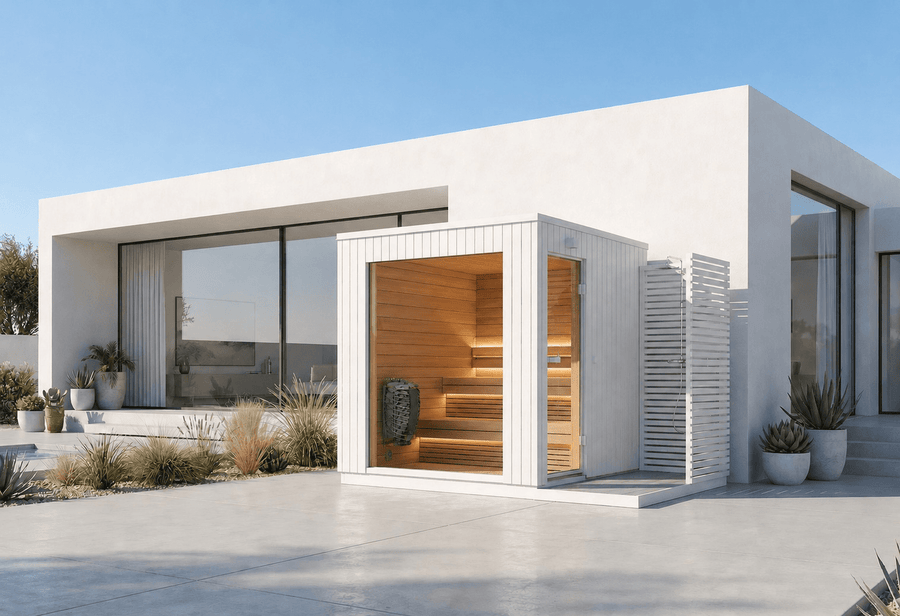 Lumia outdoor sauna with shower module