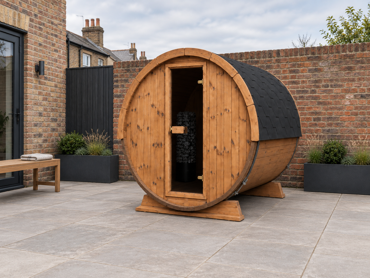 Barrel 220 Outdoor Sauna in a UK home setting