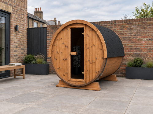 Barrel 220 Outdoor Sauna in a UK home setting