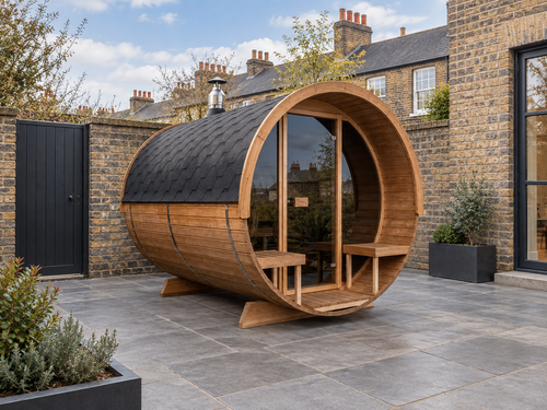 Barrel 280 Deluxe Outdoor Sauna in a UK home setting