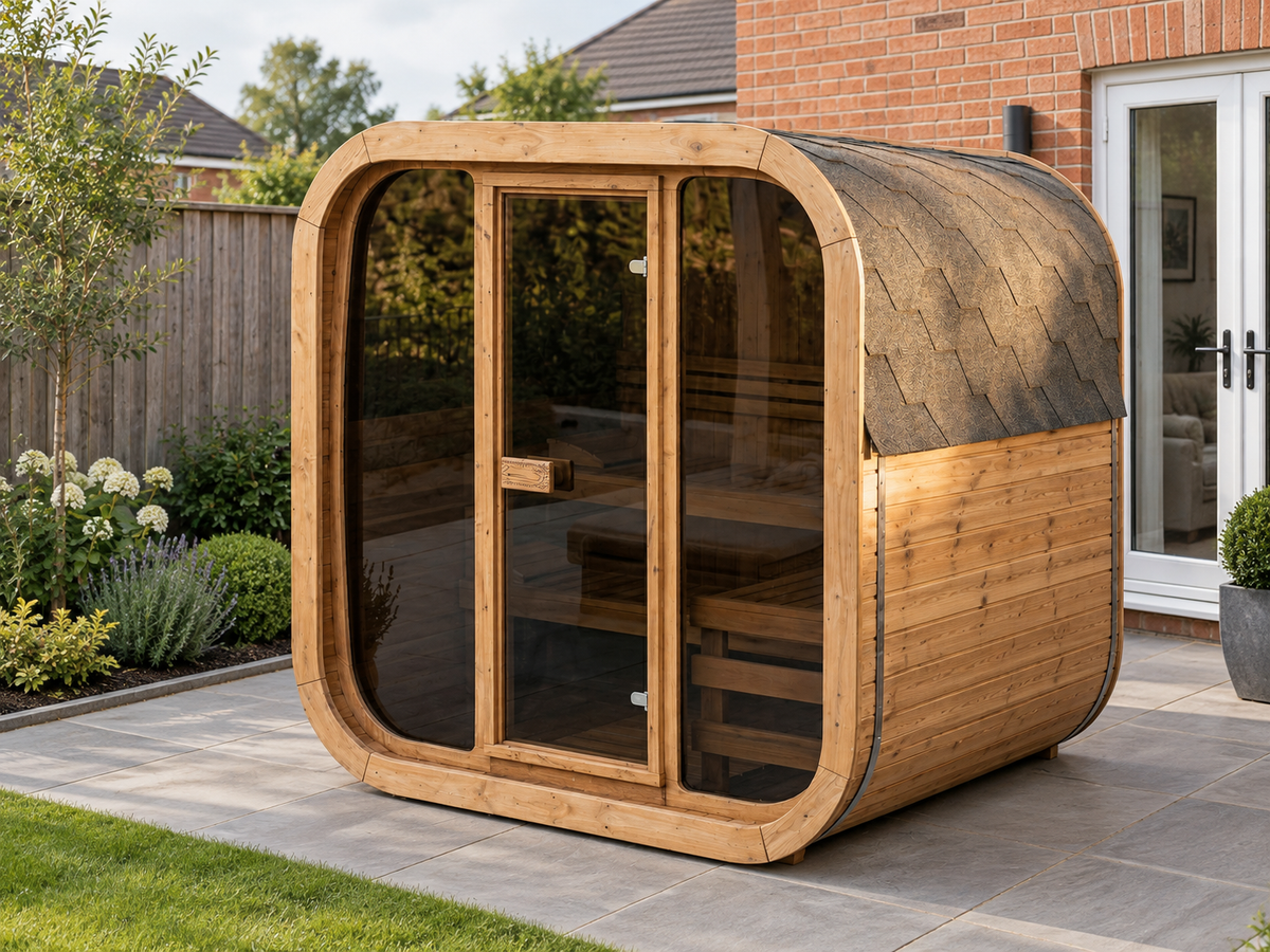 Cube 125 Outdoor Sauna in a UK home setting