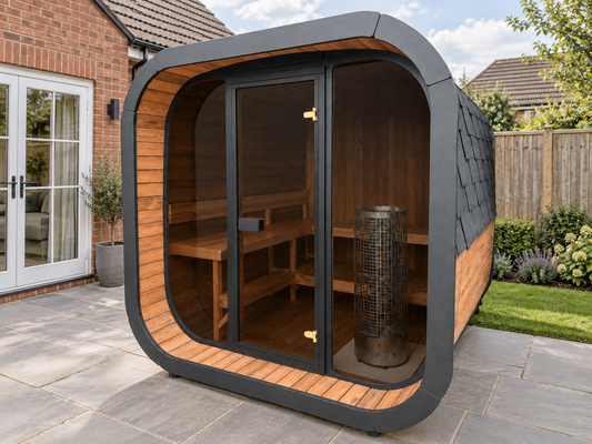 Cube 220 Outdoor Sauna in a UK home setting