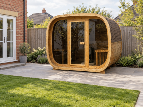 Cube 300 Outdoor Sauna in a UK home setting