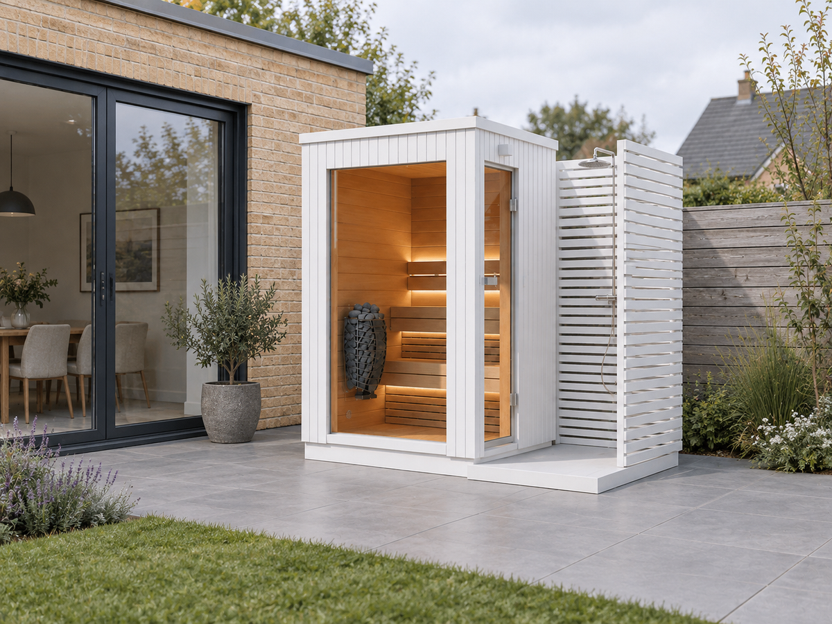 Lumia Mini Outdoor Sauna with Shower in a UK home setting
