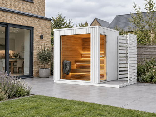 Lumia Outdoor Sauna with Shower in a UK home setting